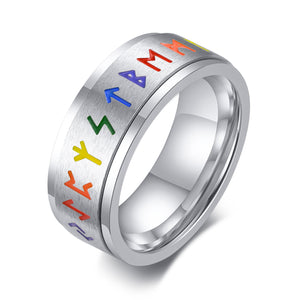 Viking Spinning Color Rune Ring – Nordic Stainless Steel Silver Band