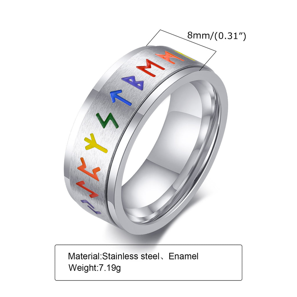Viking Spinning Color Rune Ring – Nordic Stainless Steel Silver Band