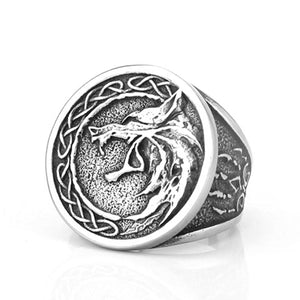 Silver Viking Wolf Head Ring with Celtic Knot — Symbol of Loyalty and Power