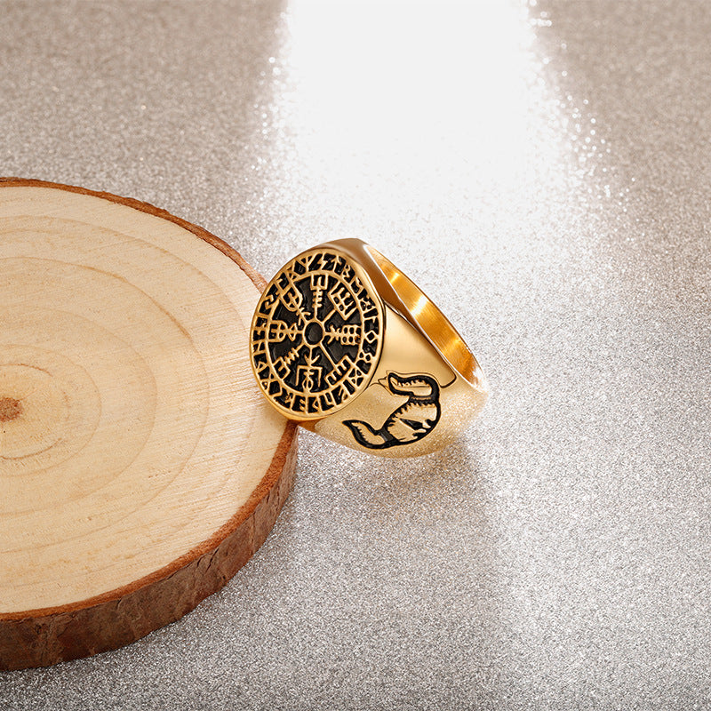 Viking Horn & Compass Rune Ring – Nordic Stainless Steel Band in 6 Colors