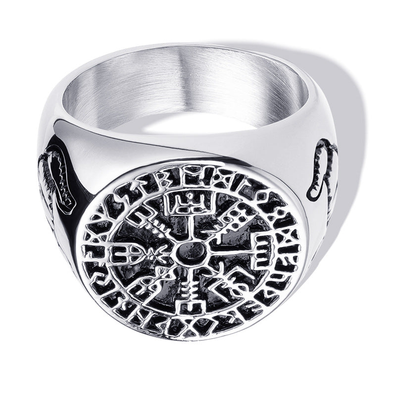 Viking Horn & Compass Rune Ring – Nordic Stainless Steel Band in 6 Colors