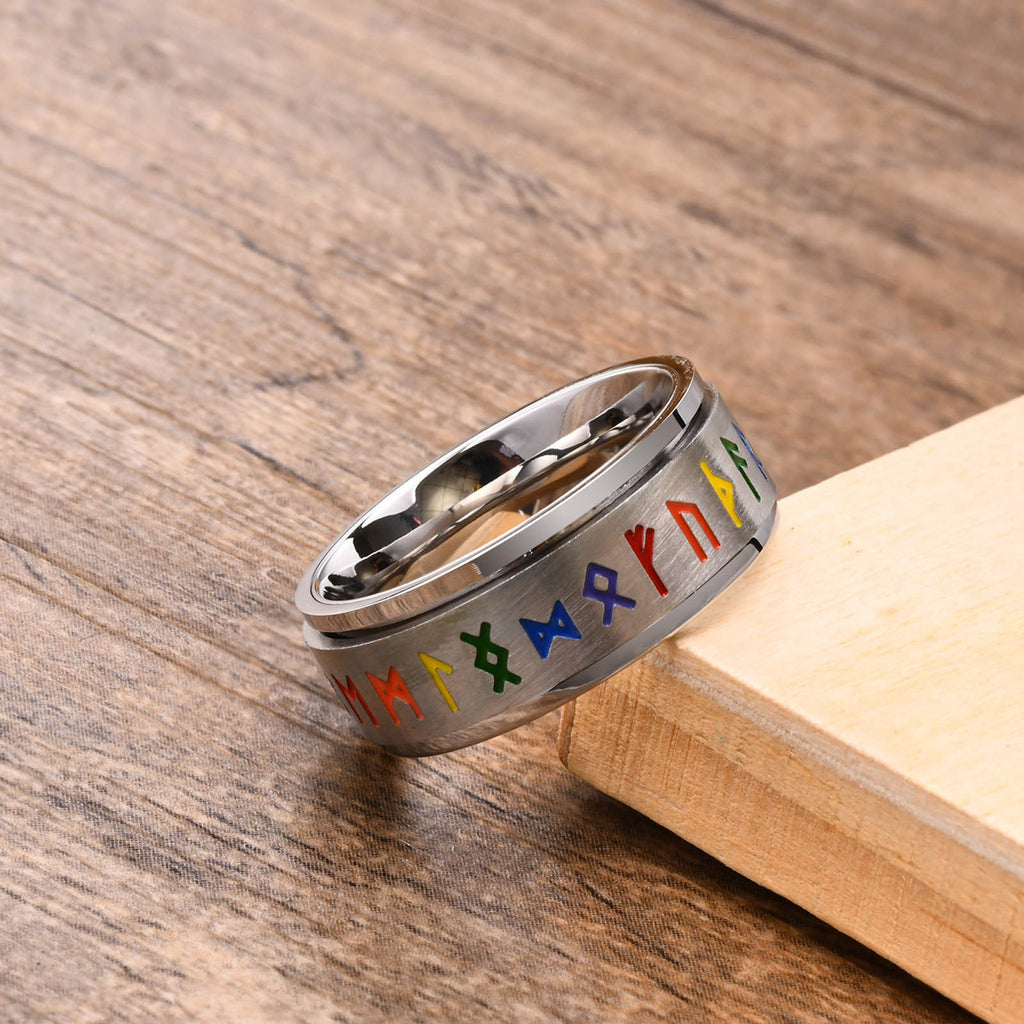 Viking Spinning Color Rune Ring – Nordic Stainless Steel Silver Band