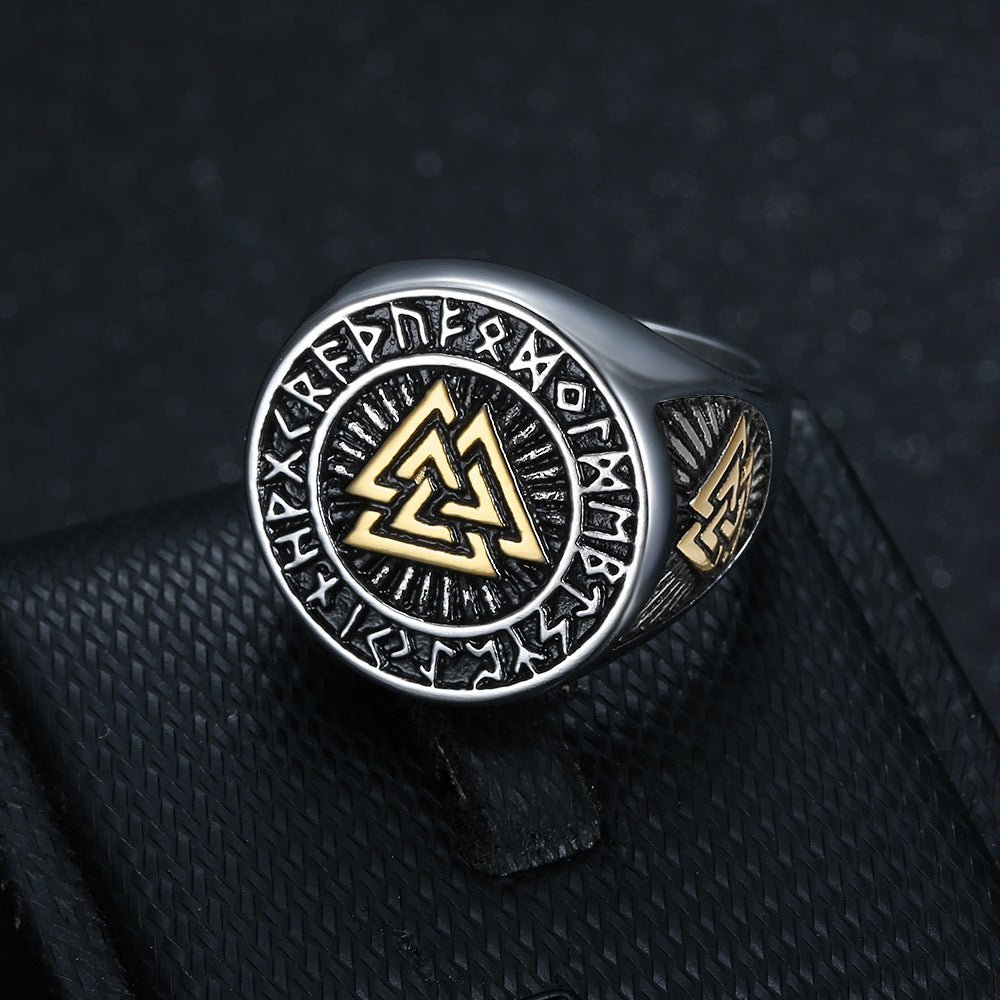 Viking Triquetra & Rune Ring – Nordic Stainless Steel Band in Gold & Silver