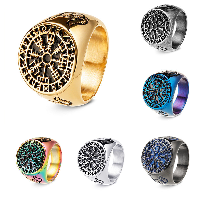 Viking Horn & Compass Rune Ring – Nordic Stainless Steel Band in 6 Colors