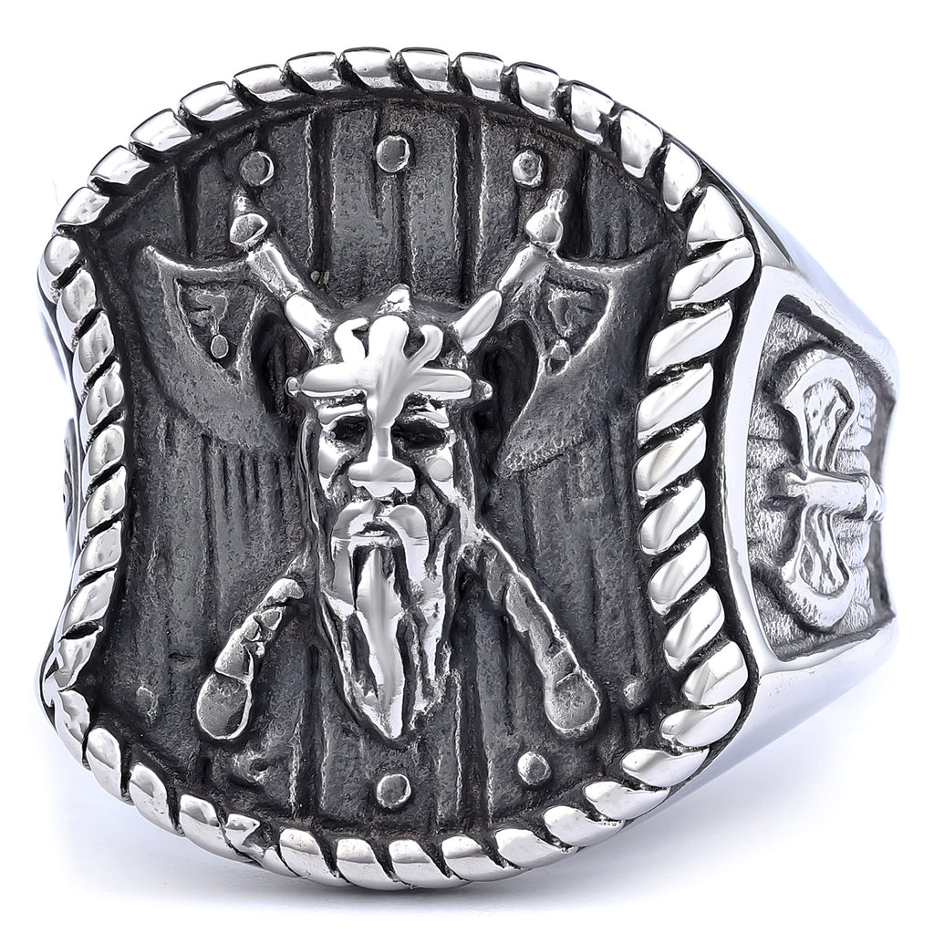 Odin & Crossed Axe Viking Ring – Nordic Warrior Stainless Steel Band in Gold & Silver