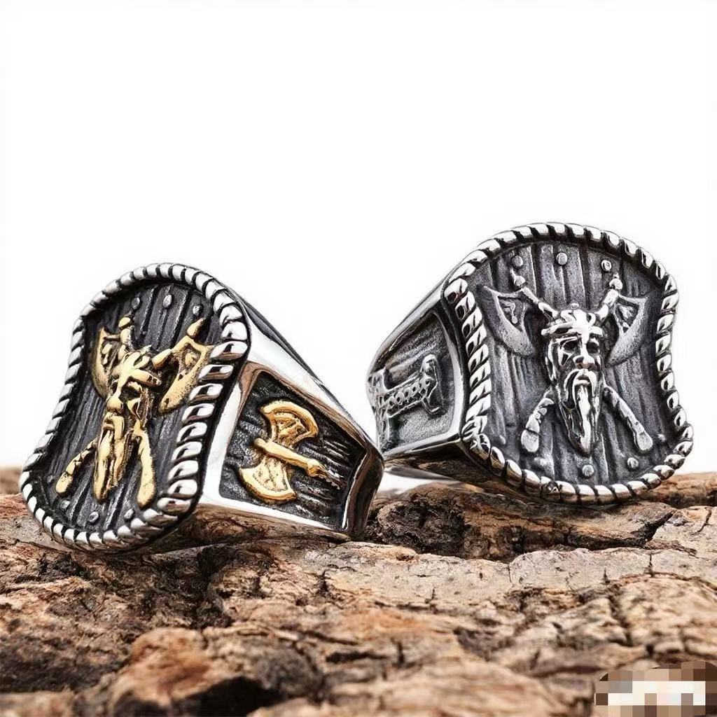 Odin & Crossed Axe Viking Ring – Nordic Warrior Stainless Steel Band in Gold & Silver