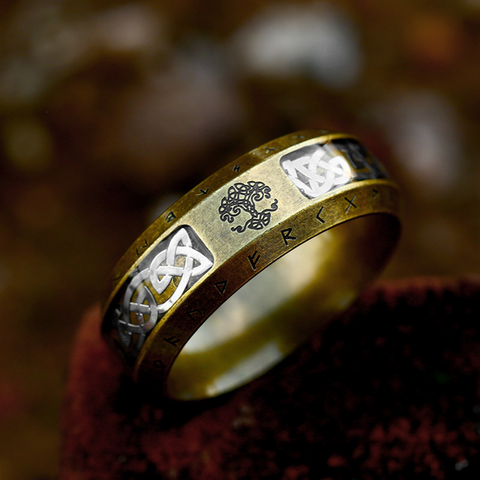 Viking Warrior Rune Ring – Nordic Life Tree Stainless Steel Band in Gold & Silver