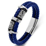 Handcrafted Two-Tone Leather & Stainless Steel Viking Beaded Men’s Bracelet — Multiple Color Options
