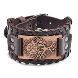 Viking Odin’s Raven & Compass Leather Bracelet – Antique Teal, Antique Silver & Antique Red