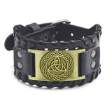 Viking Triskelion & Woven Knot Leather Bracelet – Antique Teal, Antique Silver & Antique Red