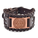 Viking Triskelion & Woven Knot Leather Bracelet – Antique Teal, Antique Silver & Antique Red