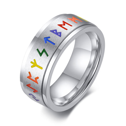 Viking Spinning Color Rune Ring – Nordic Stainless Steel Silver Band