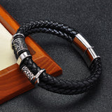 Handcrafted Two-Tone Leather & Stainless Steel Viking Beaded Men’s Bracelet — Multiple Color Options