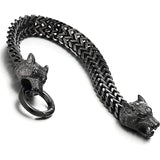 Twin Wolf Heads Ring Franco Link Stainless Steel Bracelet – Available in Gold, Silver & Black