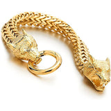 Twin Wolf Heads Ring Franco Link Stainless Steel Bracelet – Available in Gold, Silver & Black