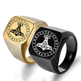 Viking Mjölnir & Rune Ring – Nordic Thunder Hammer Stainless Steel Band in Gold, Silver & Black