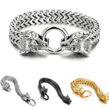 Twin Wolf Heads Ring Franco Link Stainless Steel Bracelet – Available in Gold, Silver & Black