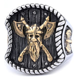 Odin & Crossed Axe Viking Ring – Nordic Warrior Stainless Steel Band in Gold & Silver