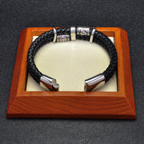 Handcrafted Two-Tone Leather & Stainless Steel Viking Beaded Men’s Bracelet — Multiple Color Options