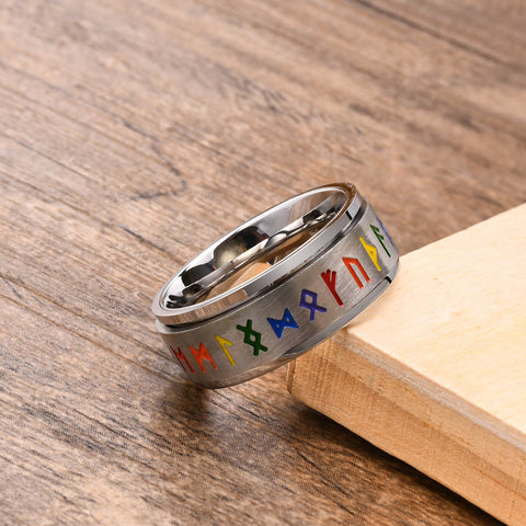 Viking Spinning Color Rune Ring – Nordic Stainless Steel Silver Band