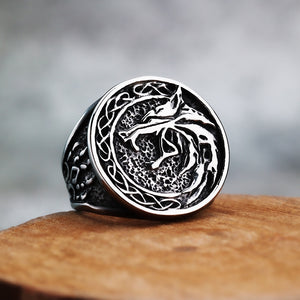 Silver Viking Wolf Head Ring with Celtic Knot — Symbol of Loyalty and Power
