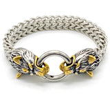 Twin Wolf Heads Ring Franco Link Stainless Steel Bracelet – Available in Gold, Silver & Black