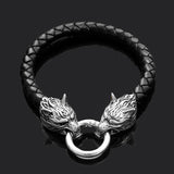 Twin Wolf Heads Ring Leather Braided Franco Link Bracelet – Classic Gold & Silver