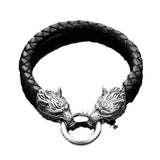 Twin Wolf Heads Ring Leather Braided Franco Link Bracelet – Classic Gold & Silver