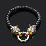Twin Wolf Heads Ring Leather Braided Franco Link Bracelet – Classic Gold & Silver