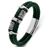 Handcrafted Two-Tone Leather & Stainless Steel Viking Beaded Men’s Bracelet — Multiple Color Options