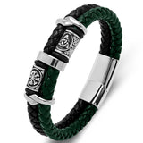 Handcrafted Two-Tone Leather & Stainless Steel Viking Beaded Men’s Bracelet — Multiple Color Options