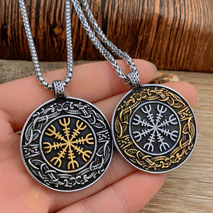 Viking Compass Pendant – Stainless Steel with Silver & Gold Accents, Norse Vegvísir Talisman