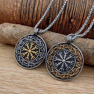 Viking Compass Pendant – Stainless Steel with Silver & Gold Accents, Norse Vegvísir Talisman