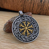 Viking Compass Pendant – Stainless Steel with Silver & Gold Accents, Norse Vegvísir Talisman