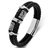 Handcrafted Two-Tone Leather & Stainless Steel Viking Beaded Men’s Bracelet — Multiple Color Options